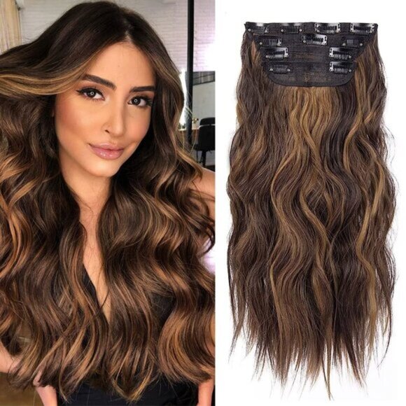 New 4PCS 20 Inch Chestnut Brown Mix Light Brown Wavy Clip-in Hair Extensions - Picture 1 of 6